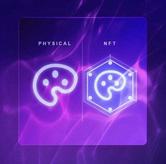 A neon-lit digital graphic contrasts a stylized artist's palette labeled "PHYSICAL" with the same palette encased in a hexagonal frame labeled "NFT," all set against a flowing purple and magenta background. The visual ties directly to ArtChain's message by symbolizing the fusion of traditional physical art with blockchain-based digital ownership.