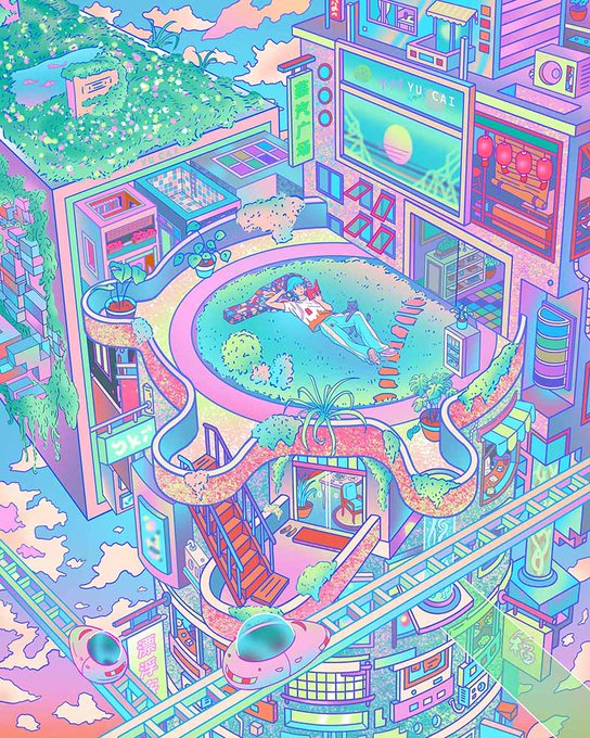 A vibrant, pastel-colored illustration of a futuristic cityscape with the text 'YU CAT' visible on a screen, featuring rooftop gardens, a monorail, and various levels of interconnected buildings.