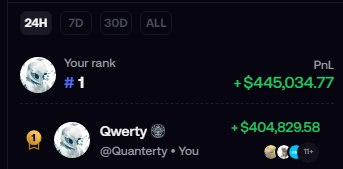 A leaderboard interface shows "Your rank" at #1 with PnL of +$445,034.77, while user "Qwerty" (@Quanterty) sits in second place with +$404,829.58. The image relates to the post about Asteroid Shiba on the Ethereum blockchain by visually demonstrating massive unrealized profits, suggesting the poster is claiming top ranking in trading performance for this or similar tokens without further explanation.