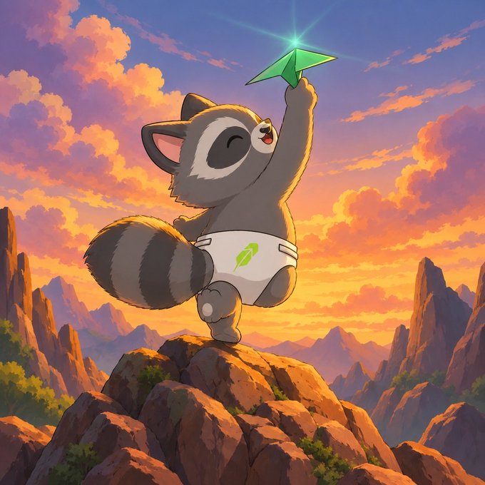 A digital illustration depicts an adorable cartoon raccoon wearing a diaper with a green leaf logo, joyfully holding a glowing green paper airplane above a rocky peak against a vibrant sunset sky.