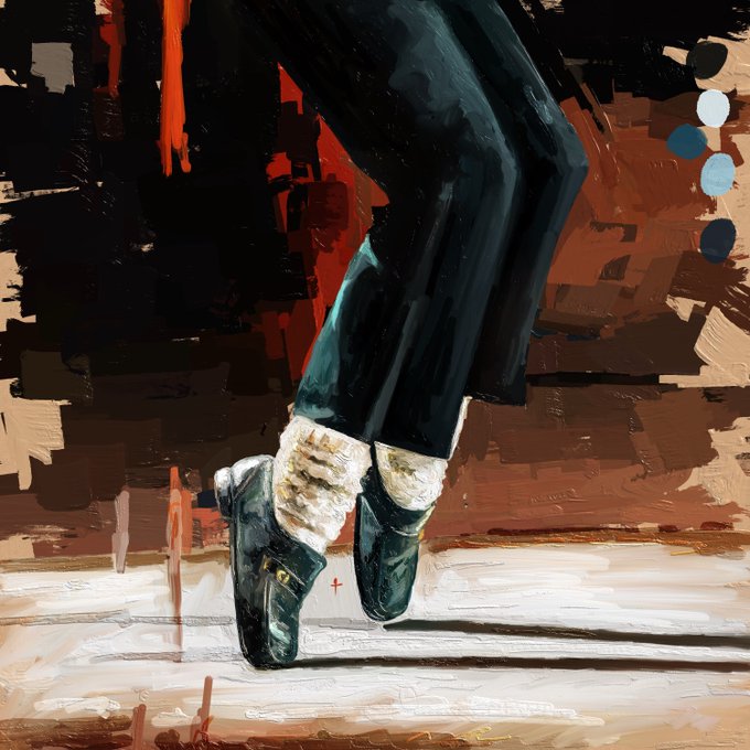 A painting depicting the lower legs of a person wearing black trousers, white socks, and dark loafers, walking across a floor against an abstract background with red, black, and tan brushstrokes.
