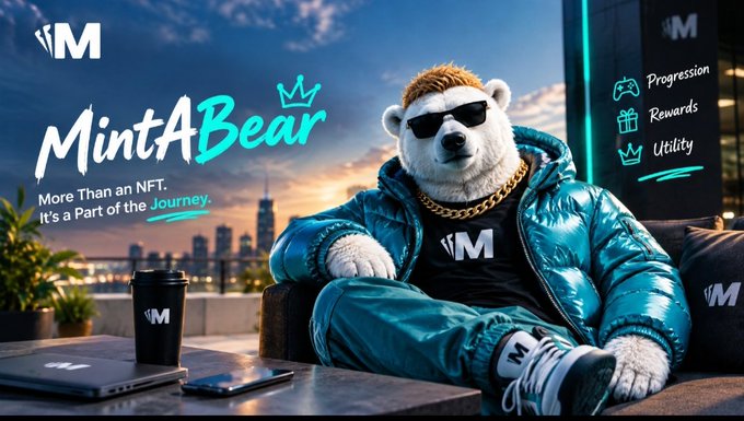 An advertisement featuring a polar bear character wearing sunglasses and a teal puffer jacket with 'MintABear' branding and text 'More Than an NFT. It's a Part of the Journey.'