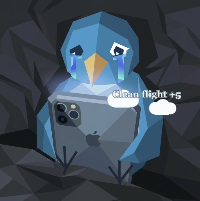 A low-poly digital illustration of a sad blue bird crying while holding an iPhone, with a speech bubble saying 'Clean flight +5'.