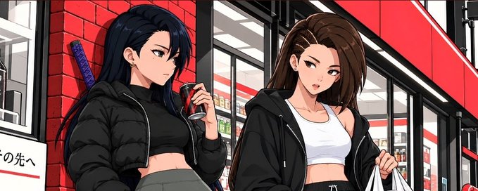 An anime-style illustration of two young women in black jackets and crop tops standing outside a storefront with red and white signage.