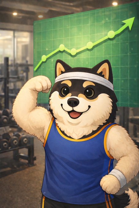 An illustration of a smiling Shiba Inu dog wearing a headband and blue athletic tank top, flexing its arm in front of a green screen showing an upward-trending stock chart.