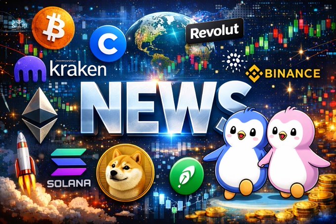 A cryptocurrency news graphic featuring logos of major platforms including Bitcoin, Kraken, Binance, Revolut, Ethereum, and Solana, alongside a rocket, Dogecoin, and two cartoon penguins on a globe background.