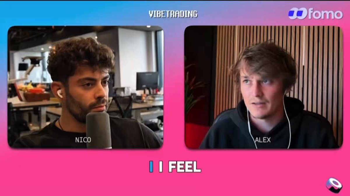 The image features two men sitting behind microphones, with one man wearing a black shirt and the other wearing a black hoodie. The background of the image has a pink and blue gradient color scheme. The text "Focus on what is in the image and how it relates to the post" suggests that this image might be related to a discussion or interview about cryptocurrency trading platforms, specifically Sushi being one of them.