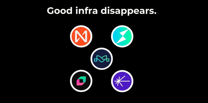 Graphic with the text 'Good infra disappears.' above five cryptocurrency/blockchain logos including Nexus and Near on a black background.