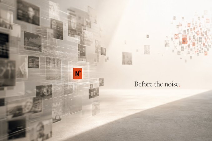 A promotional graphic showing a 3D rendering of floating documents and screens with an orange 'N°' logo on the left, transitioning to the right side where smaller media tiles scatter with the text 'Before the noise.'