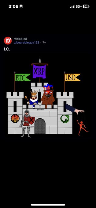 A Reddit post from r/Rippled titled "I.C." shows a cartoon castle with XRP, BTC, and USD flags atop its towers, symbolizing the crypto trifecta as a "finish line moment" outlined in the caption. The castle features medieval characters including a knight and a king, suggesting XRP's eventual triumph over the other assets.