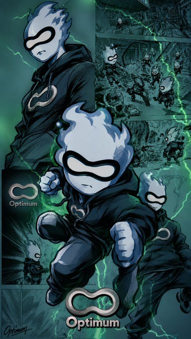 A digital illustration features multiple instances of a masked, flame-headed character in dark clothing surrounded by green lightning, with the logo 'Optimum' visible at the bottom.