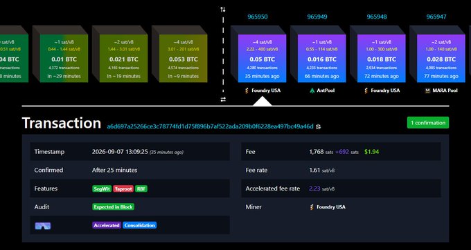 A dark-themed cryptocurrency transaction tracker showing a row of pending transaction blocks at the top and a detailed transaction record below, displaying a timestamp of '2026-09-07 13:09:25', a fee of '1,768 sats / $1.94', and the miner listed as 'Foundry USA'.