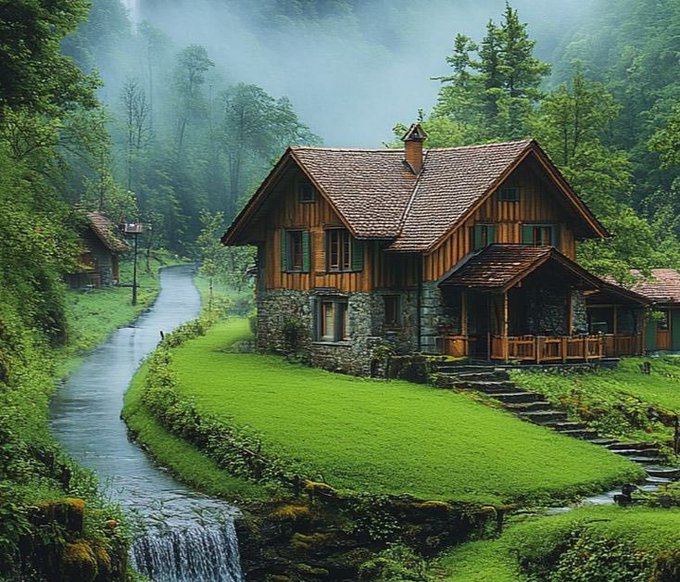 A picturesque wooden chalet-style house with a stone foundation sits beside a winding wet road in a lush, misty green forest, with a small waterfall visible in the foreground.