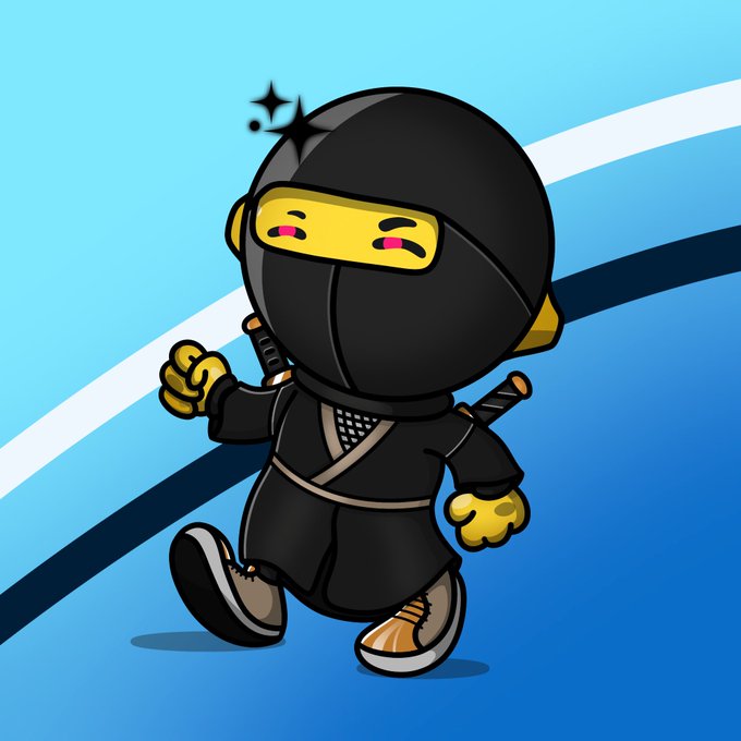 A cute cartoon ninja character in a black outfit with a yellow eye band, carrying swords, walking against a blue and white background.
