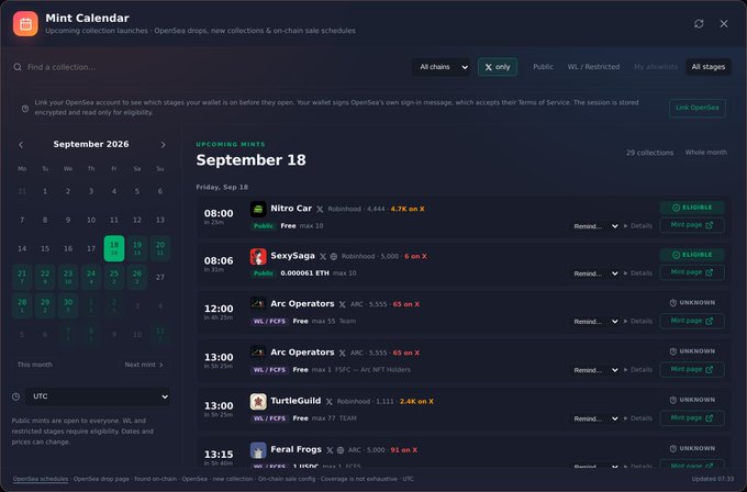 A screenshot of the Mint Calendar interface showing upcoming NFT mints for September 18, including listings for Nitro Car, SexySaga, Arc Operators, TurtleGuild, and Feral Frogs.