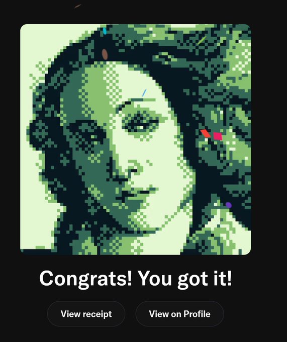 A pixel-art style image displayed on a dark background with the text 'Congrats! You got it!' and two buttons below reading 'View receipt' and 'View on Profile'.