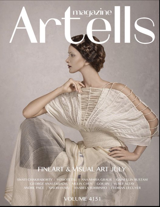 A magazine cover for 'Artells Magazine' (Volume 4151) featuring a model in a flowing, light-colored gown with intricate shoulder detailing, titled 'Fine Art & Visual Art July.'