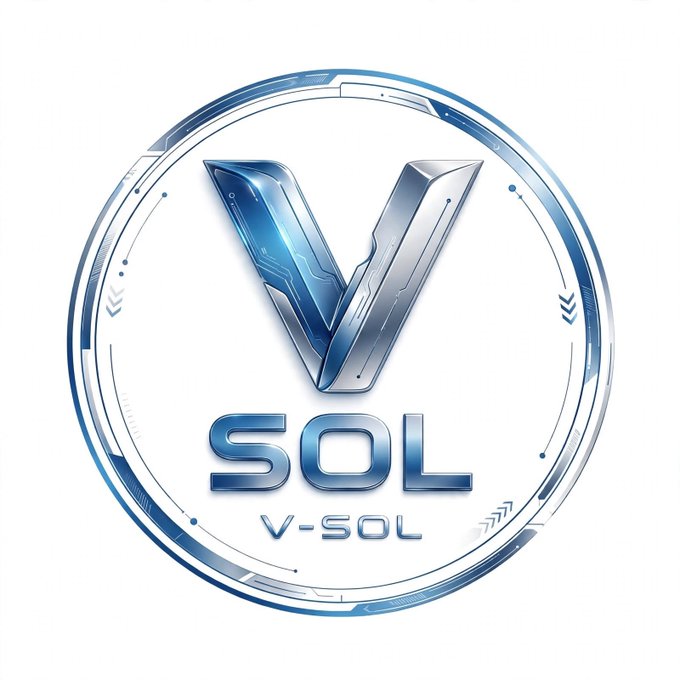 A blue and silver circular logo features a large stylized 'V' with the text 'SOL' and 'V-SOL' beneath it, surrounded by a futuristic ring design.