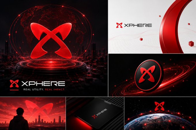 A promotional graphic for 'XPHERE' featuring a red 'X' logo with the tagline 'REAL UTILITY. REAL IMPACT.' displayed across multiple panels including a glowing globe and product mockups.