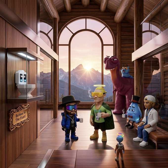A 3D-rendered scene shows various stylized characters, including ones in cowboy hats and a purple dinosaur, gathered in a wooden lodge with a large window overlooking sunlit mountains.