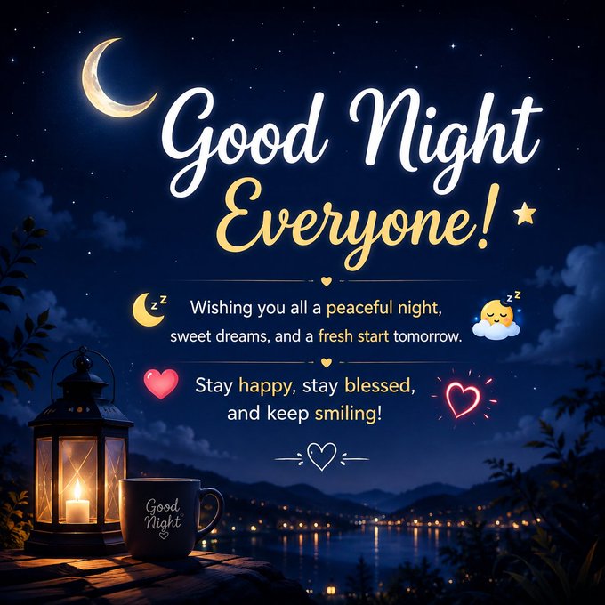 A digital greeting card displaying 'Good Night Everyone!' in stylized text against a night sky background with a crescent moon, accompanied by smaller text wishing 'a peaceful night, sweet dreams, and a fresh start tomorrow'.