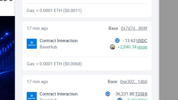 The image is an screenshot of a social media platform where you can see several posts, one of them being the one about the Etherium coin or token from Base Hub. The caption reads "... @base için @BaseHubb ... @Etherium token'lerimi USDC'ye takas yaptım, hemen sonrasında tüm $JESSE token'. Arada 10 USDC kayboldu". There is also a table containing data on the token or coin. The post seems to be related to cryptocurrency trading and its features.