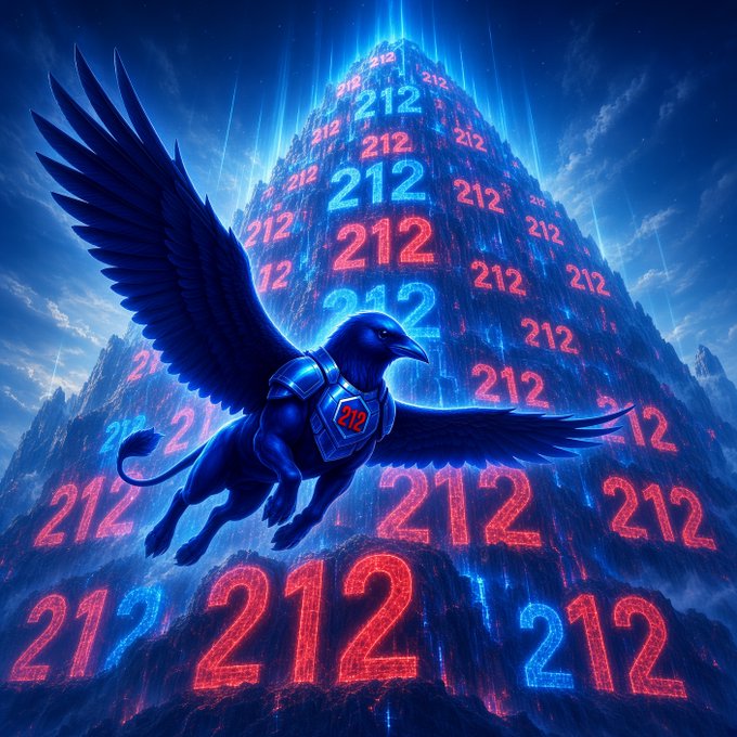 A fantasy artwork depicting a winged griffin-like creature wearing armor marked '212' soaring before a glowing mountain covered with the number '212' in red and blue digital-style text.