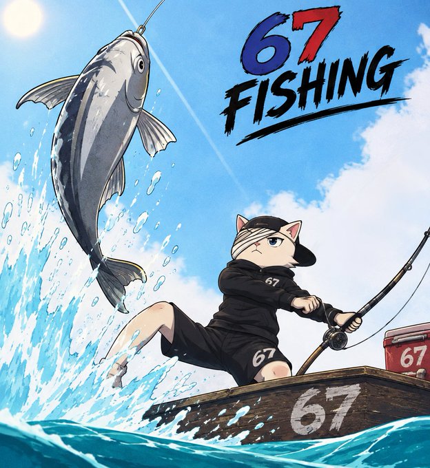 An anime-style illustration titled '67 FISHING' showing an anthropomorphic cat character wearing a cap with '67' on a hoodie and shorts, fishing from a boat marked '67' while a large fish leaps from the water.