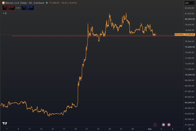 A TradingView candlestick chart of Bitcoin/U.S. Dollar (BTCUSD) showing a price of 77,246.64 with a sharp upward spike.