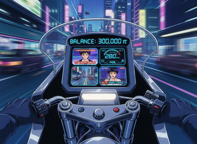 An anime-style illustration showing a first-person view from a motorcycle in a futuristic cyberpunk city, with the dashboard displaying a balance of 300,000 π and 'NETWORK SURGES.'