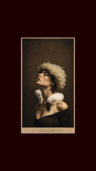 A vintage-style portrait shows a woman with curly blonde hair wearing a black dress, with a white ferret resting on her shoulder, framed by a beige border with the text 'Vanities of Silk' at the bottom.