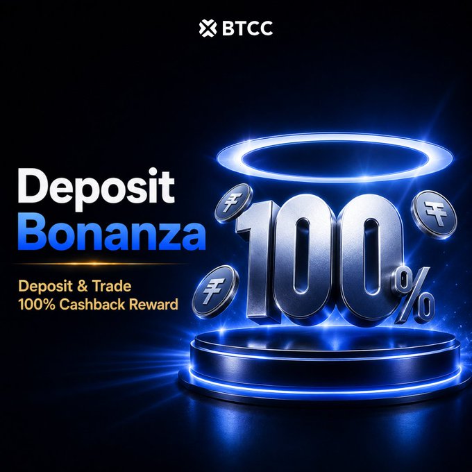 A BTCC promotional graphic featuring bold "Deposit Bonanza" text alongside a glowing blue pedestal with "100%" and floating coins, advertising a 100% cashback reward for US-region users who deposit and trade on BTCC.