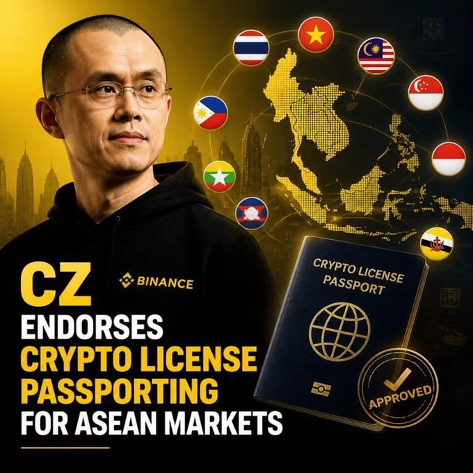A promotional graphic shows CZ (Changpeng Zhao) in a Binance hoodie, with text 'CZ ENDORSES CRYPTO LICENSE PASSPORTING FOR ASEAN MARKETS,' surrounded by Southeast Asian country flags and a 'Crypto License Passport' book marked 'APPROVED.'