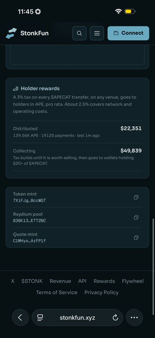 A mobile screenshot of the StonkFun website displaying 'Holder rewards' information, including distributed amounts of $22,351 and collecting amounts of $49,839, along with token mint details.