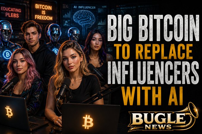 A 'Bugle News' graphic with the headline 'BIG BITCOIN TO REPLACE INFLUENCERS WITH AI' showing a group of people and robots with AI-related branding, including a sign reading 'BITCOIN IS FREEDOM' and 'EDUCATING PLEBS'.
