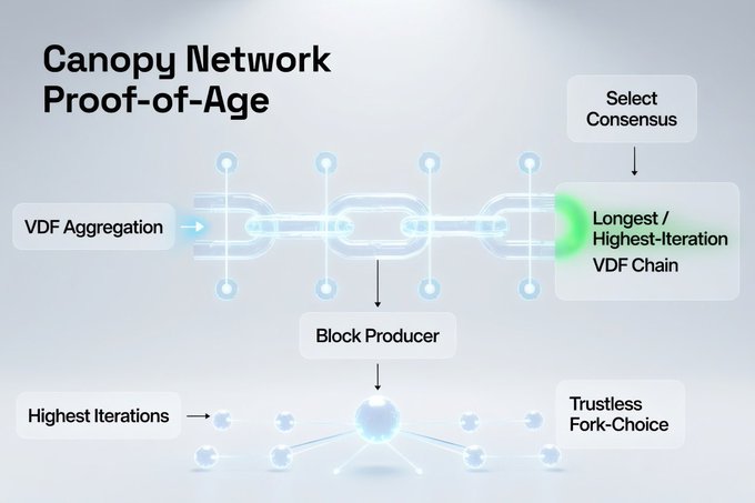 The image is a diagram titled "Canopy Network Proof-of-Age" illustrating the network's consensus mechanism, showing a flow from "VDF Aggregation" through a chain of nodes that selects the "Longest/Highest-Iteration VDF Chain" via consensus, which feeds into a "Block Producer" and a "Trustless Fork-Choice" process based on "Highest Iterations." The diagram visually supports the post's point by highlighting Canopy Network's (CNPYNetwork) approach to long-term security through its Proof-of-Age protocol, emphasizing resistance to long-range attacks via Verifiable Delay Function (VDF) iteration-based chain selection.