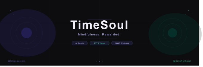 The image features a banner for a mindfulness app called "Timesoul" written in white text against a black background. The banner also includes a logo with a blue circle and green triangle design. Below the main banner, there are three smaller circles with different colors - purple, green, and orange. These circles contain information about the app's features: "Mindfulness", "Rounded Meditation", and "Meditation". Additionally, there is a small image of a person meditating in front of a blue circle.