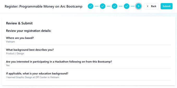 A registration review page for 'Programmable Money on Arc Bootcamp' showing completion of 5 steps, with user details including being based in Vietnam, working in Product/Design, interest in a hackathon, and an education background in Graphic Design at DPI Center in Vietnam.