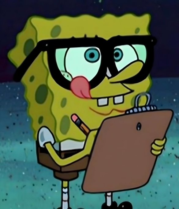 A cartoon image of SpongeBob SquarePants wearing oversized black glasses, holding a pencil and a drawing board/clipboard, with his tongue sticking out playfully.