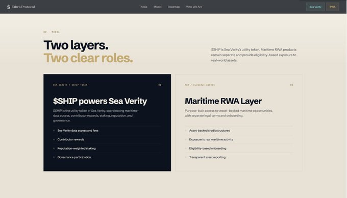 A website section titled 'Two layers. Two clear roles.' explains that $SHIP is a utility token that powers Sea Verity, a maritime RWA Layer.
