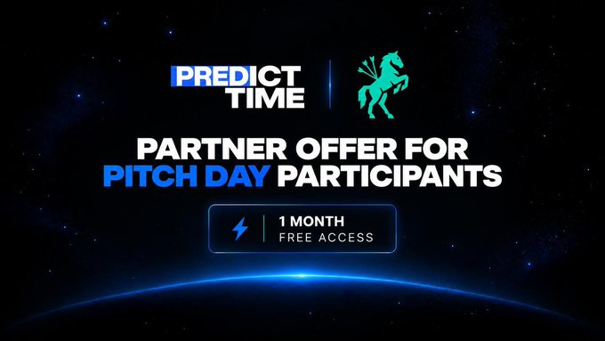A promotional banner for 'PredictTime' featuring a teal unicorn logo, advertising a 'PARTNER OFFER FOR PITCH DAY PARTICIPANTS' that includes '1 MONTH FREE ACCESS'.