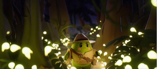 A 3D animated character, a small green figure wearing a conical hat and carrying a backpack, standing in a dark forest illuminated by glowing yellow flowers or fireflies.