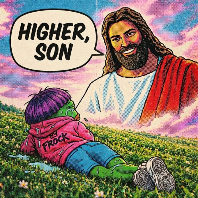 A retro comic-style pop art image showing Jesus smiling down at a crying green-skinned character in a pink 'NO FROCK' hoodie lying in grass, with Jesus saying 'HIGHER, SON'.