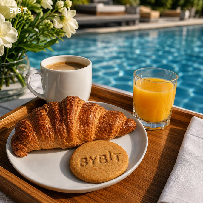 A breakfast tray by a swimming pool featuring a coffee mug, orange juice, a croissant, and a cookie stamped with 'BYBIT,' with 'BTBT' text in the upper left corner.