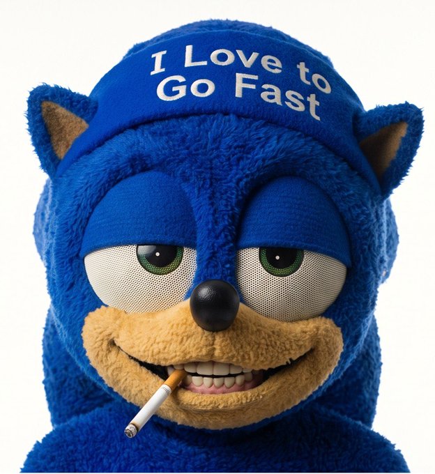 A Sonic the Hedgehog character depicted in a Realistic/FNaF-style animatronic design wearing a blue beanie that says 'I Love to Go Fast' and holding a cigarette in his mouth.