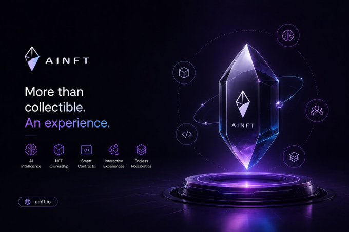 A promotional graphic for AINFT with the tagline 'More than collectible. An experience.' featuring a glowing purple crystal, icons for AI Intelligence, NFT Ownership, Smart Contracts, Interactive Experiences, and Endless Possibilities, plus the website ainft.io.