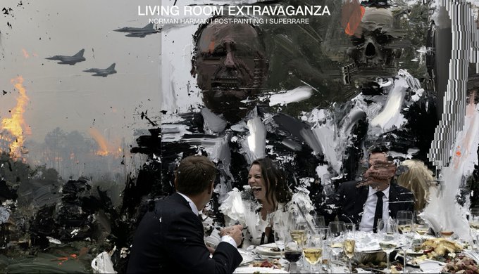 An artistic composite image titled 'LIVING ROOM EXTRAVAGANZA - NORMAN HARRIS | POST-PAINTING | SUPRARE' featuring a chaotic painted overlay covering a dinner scene with jets, flames, and shadowy figures.