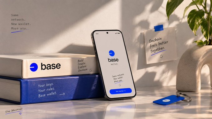 A smartphone showing the "base wallet" app sits on a stack of books alongside a "base" branded box, with handwritten notes reading "Onchain feels better together" and "Your keys. Your rules. Base wallet." The image visually promotes Base's self-custody wallet, complementing the post's discussion about node snapshots by emphasizing the broader Base ecosystem and user-facing infrastructure.