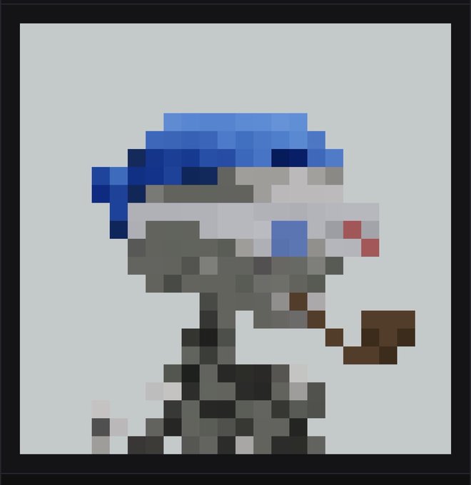 A pixel art image showing a character wearing a blue helmet.