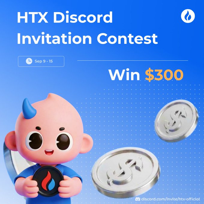 A promotional graphic for the 'HTX Discord Invitation Contest' running Sep 9-15, offering a chance to 'Win $300', featuring a pink mascot character and coin imagery.
